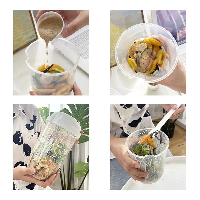 Salatto Salat-to-go Becher 1000 ml | Flaschenförmige Lunchbox mit Gabel & Saucenbehälter | Tragbar & Lebensmittelecht | Weiß/Grün