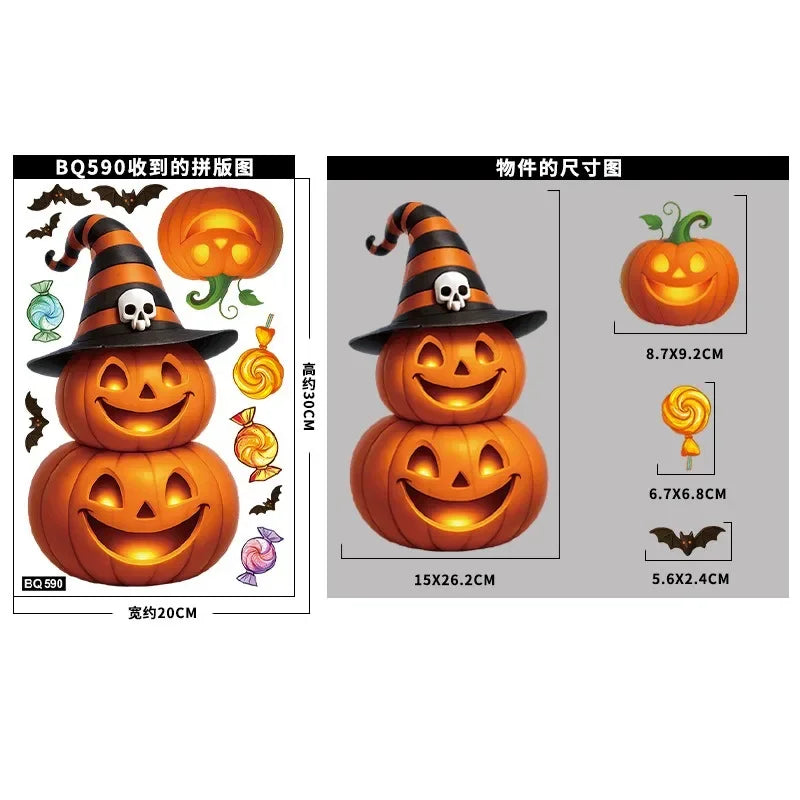 Fensteraufkleber SpookyPumpkins | Halloween Deko Sticker | Kürbis, Katze & Geist | Wiederverwendbar & statisch haftend