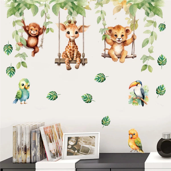 Wandolino JungleSwing Wandsticker Tiere schwingen am Ast | Lustige Dschungel-Tierdeko für Kinderzimmer