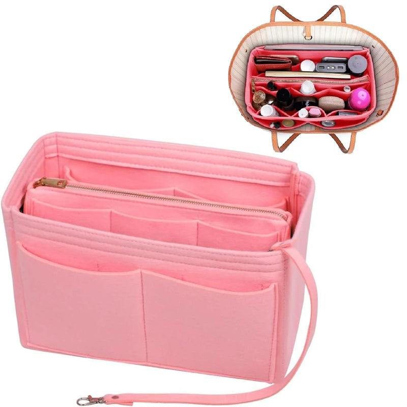 TaschenLuxe Organizer Inlay | Filz-Einsatz mit Reißverschluss | 15 Fächer & Schlüsselband | Für Handtaschen & Shopper