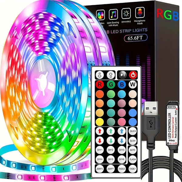 LED Lichtstreifen mit 44-Tasten-Fernbedienung | RGB Farbwechsel USB-Leiste für Zimmer, TV & Partydeko | 1–20 m | Glowvion