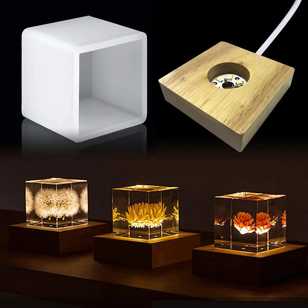 ResinCube Glow | Silikonform mit LED-Holzbasis | DIY Epoxidharz Lampe & Würfel-Dekor