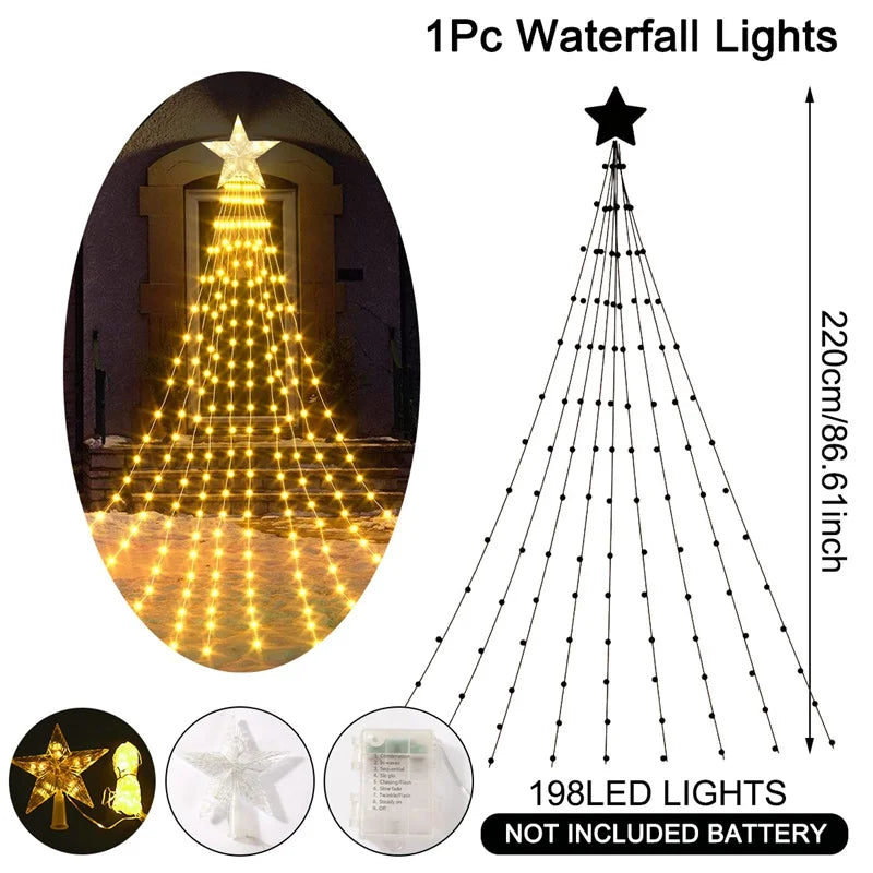 LED Sternen-Wasserfall StellaCascade | 198 LEDs | 2,2 m | Warmweiß / Weiß / Bunt | USB & Batteriebetrieb | Weihnachts- & Neujahrsdeko