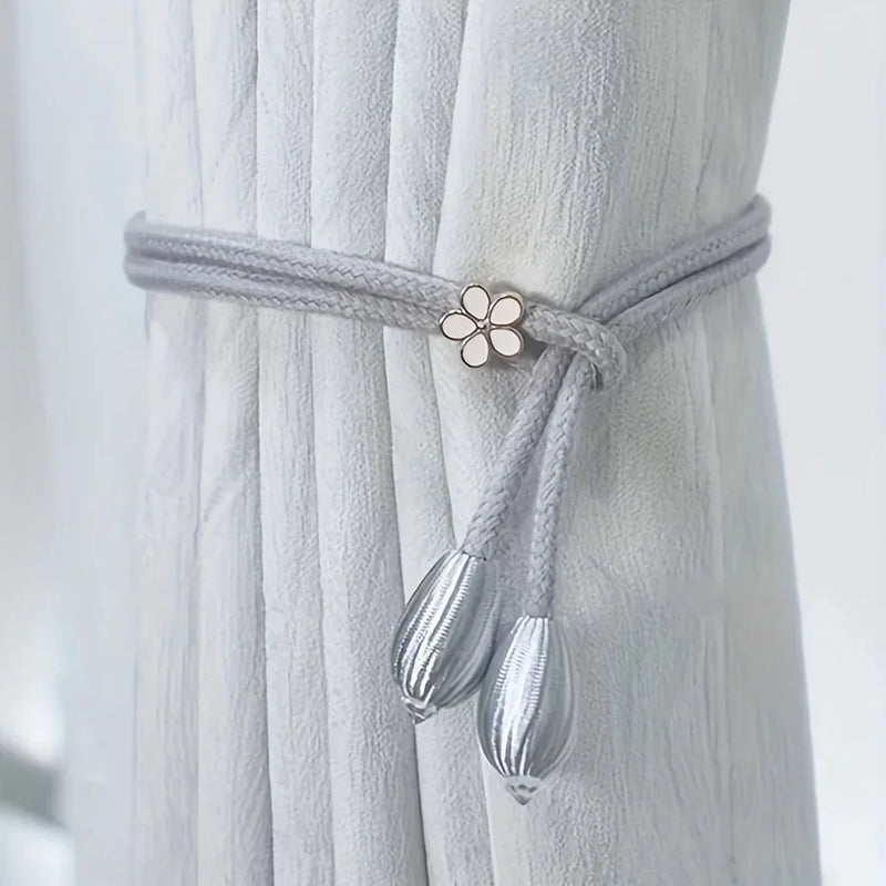 Floravia Vorhanghalter 2er-Set | Verstellbar ohne Bohren | Mit Blumen-Schnalle | Elegantes Wohnaccessoire