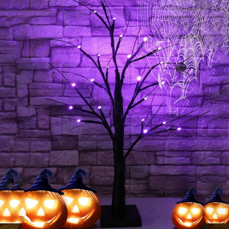 Halloween-Baum SpookyBirch | 24 LED Birkenbaum mit Schwarzästen | Orange & Lila Licht | Tischdeko für Halloween