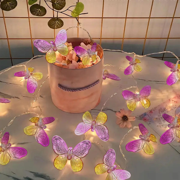 LumiFleur Schmetterlings-Lichterkette | 10/20 LED | Rosa & Gelb | Romantische Deko für Haus & Garten