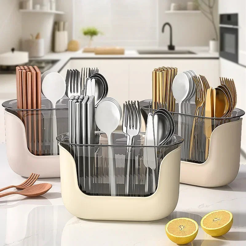 OrgaDish Besteckhalter mit Abtropfschale | 3 Fächer | Küchen-Organizer für Stäbchen & Besteck