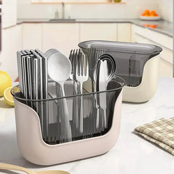OrgaDish Besteckhalter mit Abtropfschale | 3 Fächer | Küchen-Organizer für Stäbchen & Besteck