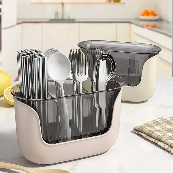 OrgaDish Besteckhalter mit Abtropfschale | 3 Fächer | Küchen-Organizer für Stäbchen & Besteck