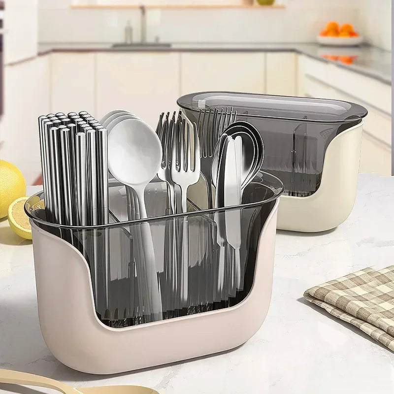 OrgaDish Besteckhalter mit Abtropfschale | 3 Fächer | Küchen-Organizer für Stäbchen & Besteck