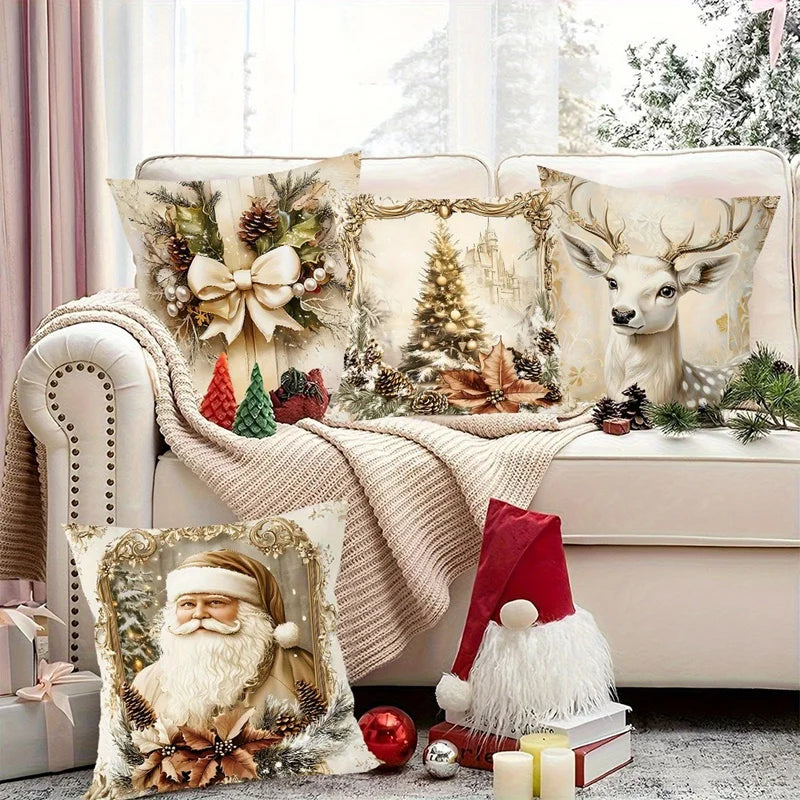 GoldenVintage Kissenbezüge 4er Set | Weihnachtsdesign mit Santa, Rentier & Schleife | Sofadeko & Wohnzimmer | 45×45 cm