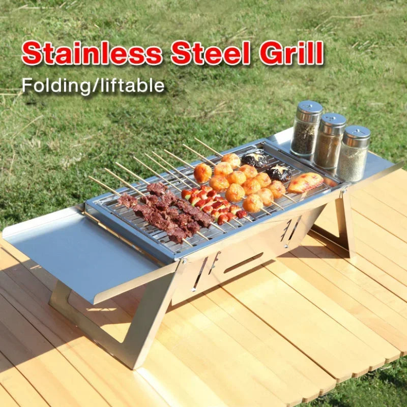 SteelFlame BBQ Faltbarer Holzkohlegrill aus Edelstahl | Kompakt & stabil | Für Spieße & BBQ