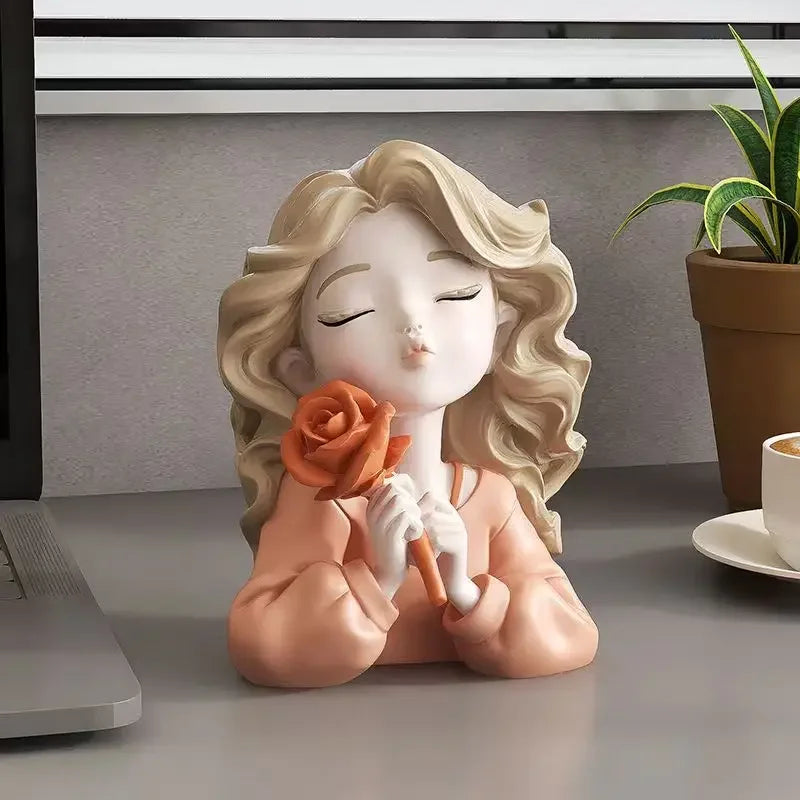 Florina Grace | Dekorative Figur Mädchen mit Blume | Harzstatue | Elegante Wohnaccessoire & Geschenkidee