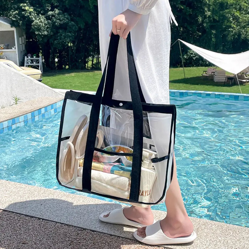 ClearVoyage Transparente Strandtasche aus PVC | Faltbar & Wasserdicht | Mit Reißverschluss & Schultergurt | Für Schwimmbad, Strand & Camping