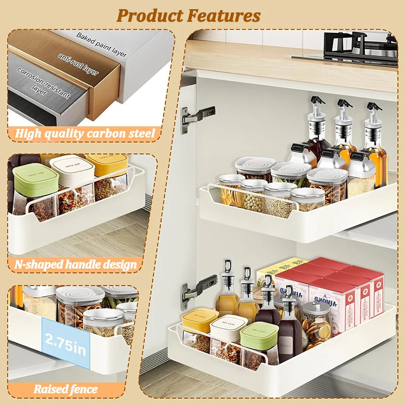 Küchenschublade SlideMaxx | Ausziehbarer Organizer ohne Bohren | Stabiles Regal für Gewürze & Vorräte | Carbonstahl Beige