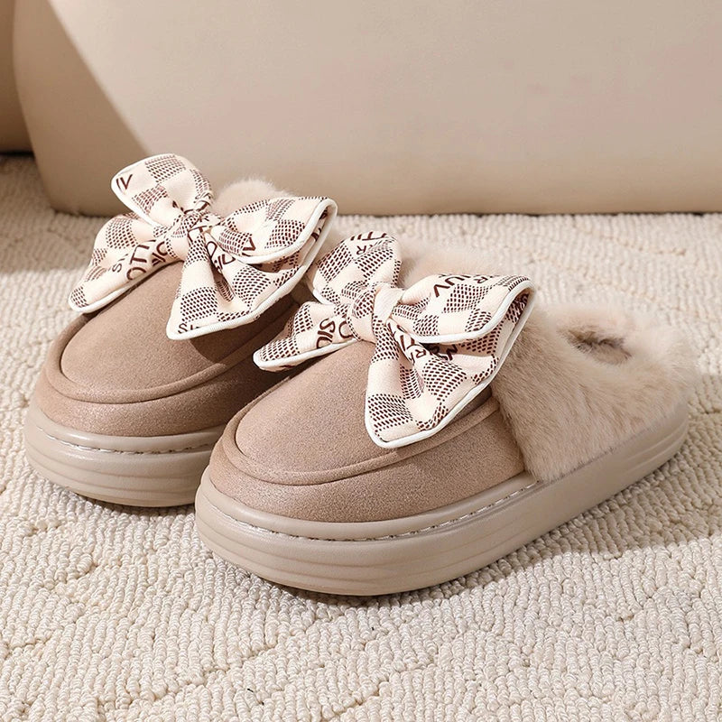 Damen Hausschuhe CozyBow | Warme Baumwoll-Pantoffeln mit Schleife | Rutschfeste Sohle | Weiche Winter Hausschuhe für Zuhause