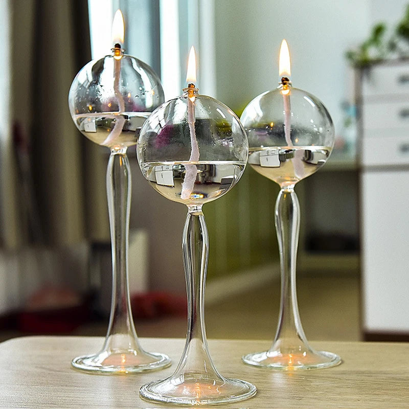 VetroLuce Öllampe | Kugelform mit hohem Fuß | Borosilikatglas Transparent | 21–25,5 cm