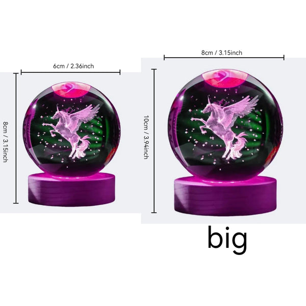 Lunoria Kristallkugel Einhorn | 3D-Lasergravur mit LED-Holzsockel | Stimmungslicht & Geschenkidee | Ø 8 cm