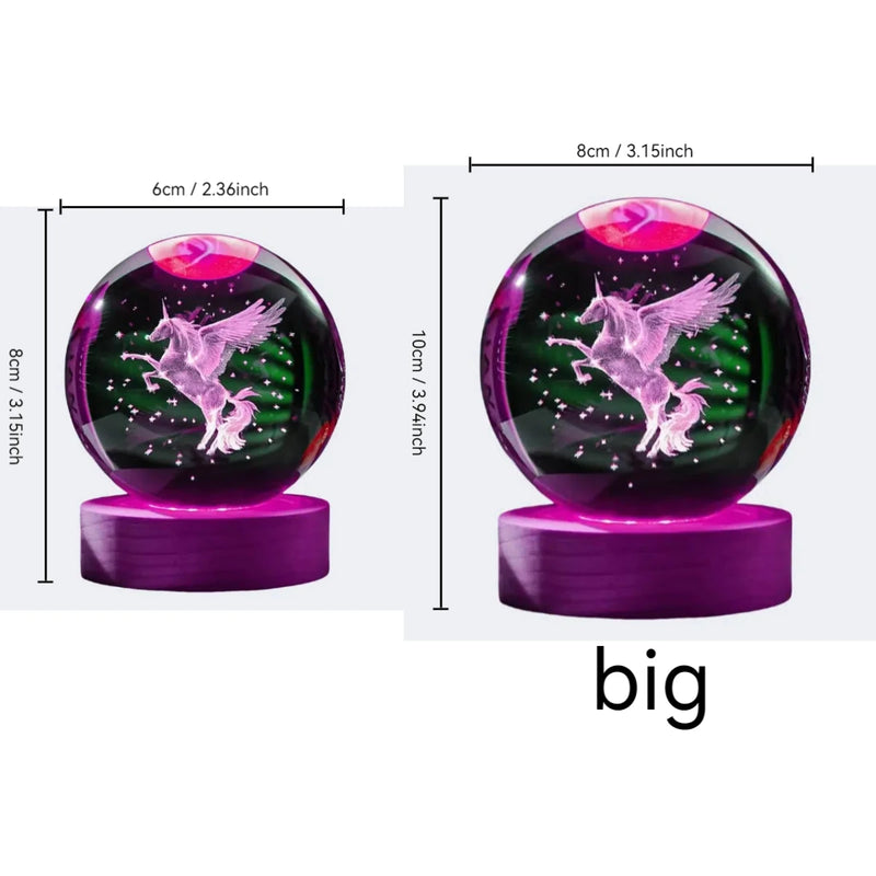 Lunoria Kristallkugel Einhorn | 3D-Lasergravur mit LED-Holzsockel | Stimmungslicht & Geschenkidee | Ø 8 cm
