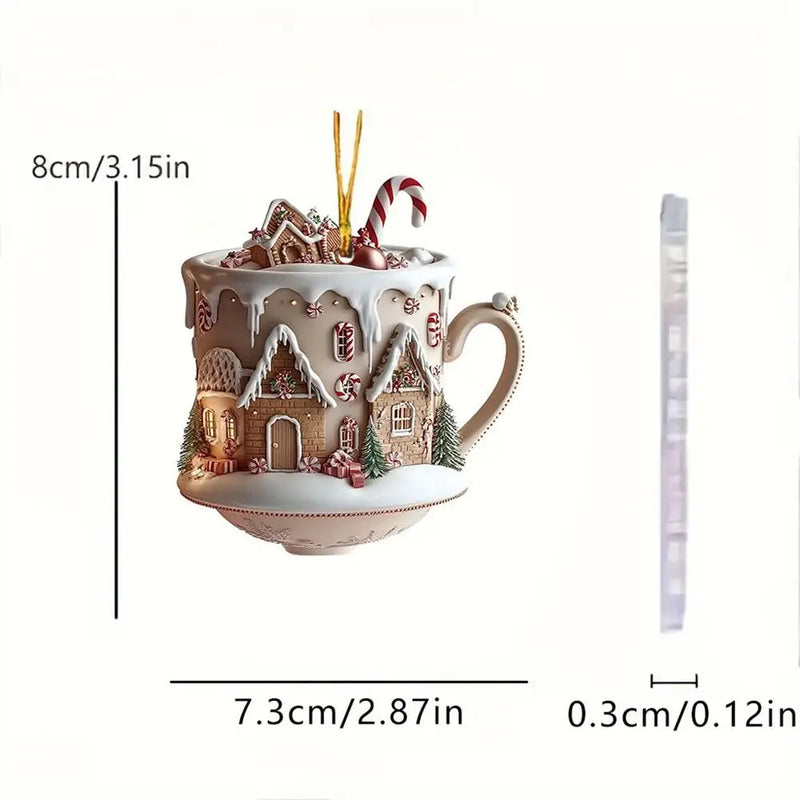FestivaBrew Weihnachtsanhänger | Acryl-Ornament Kaffeetasse mit Wintermotiv | Nachhaltiger Christbaumschmuck | 8 × 7 cm