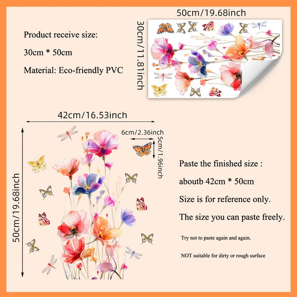 Lunaflora Wandsticker | Aquarell-Blumen & Schmetterlinge | Abnehmbar & Wasserdicht | PVC 42×50 cm
