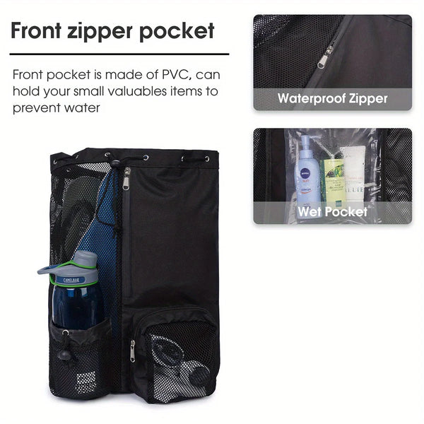 DrySportix Sportbeutel mit Netz & Nassfach | Rucksack mit Kordelzug | Schwimmen, Fitness & Strand | 48×32 cm