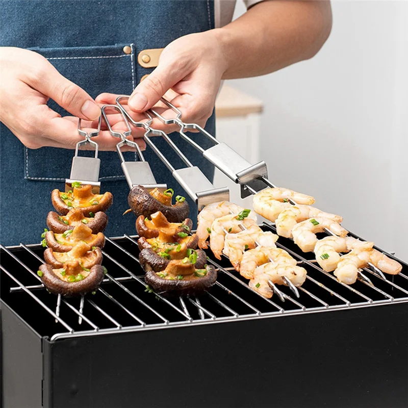 GrillFreude Edelstahl Grillspieße | Doppelzinken mit Schiebemechanismus | Wiederverwendbar & Spülmaschinenfest | 32 cm