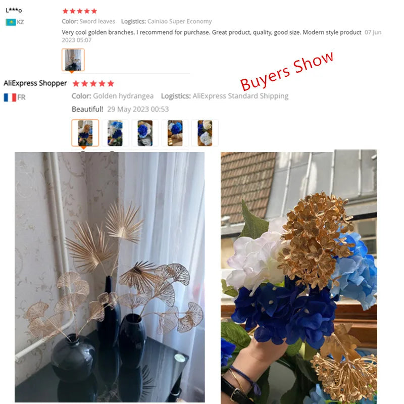 Aurivelle Gold Collection | Künstliche Palmen-, Ginkgo- & Eukalyptusblätter mit Rosen & Hortensien | Edle Dekoblumen für Hochzeit & Zuhause