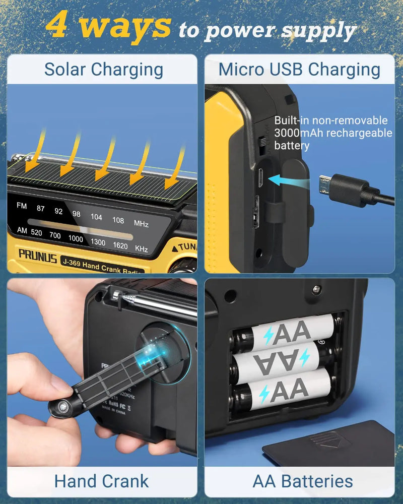 Alertino Notfallradio mit 4-fach Stromversorgung | 3000 mAh Powerbank | LED-Taschenlampe, Leselicht & SOS-Alarm