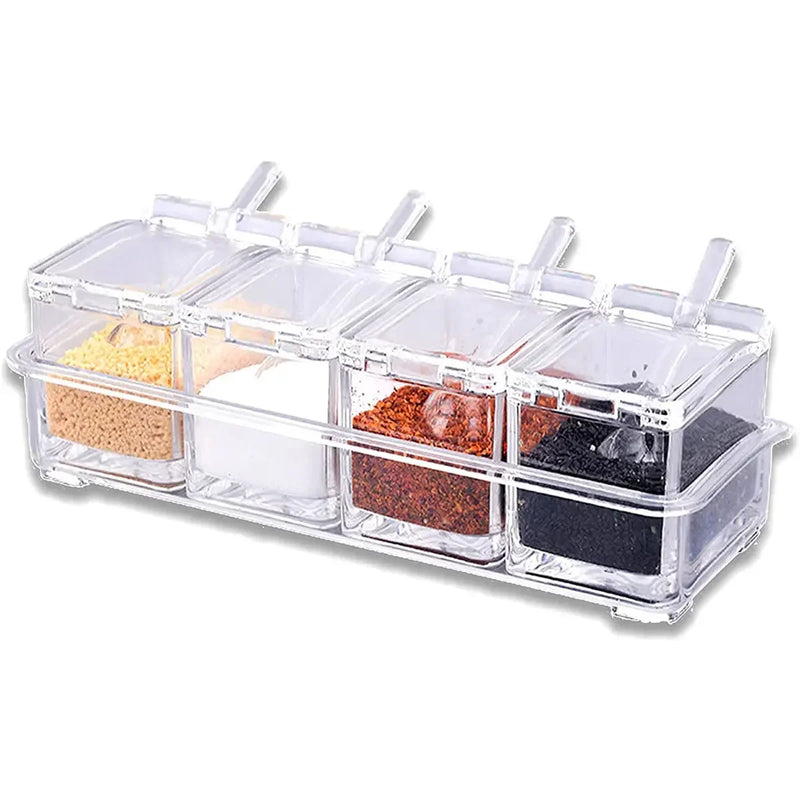 Gewürzbox ClearSpice Quadra | 4 Fächer mit Deckel & Löffeln | Transparent | 23,5 × 9,5 × 8,5 cm | Für Salz, Zucker & Gewürze