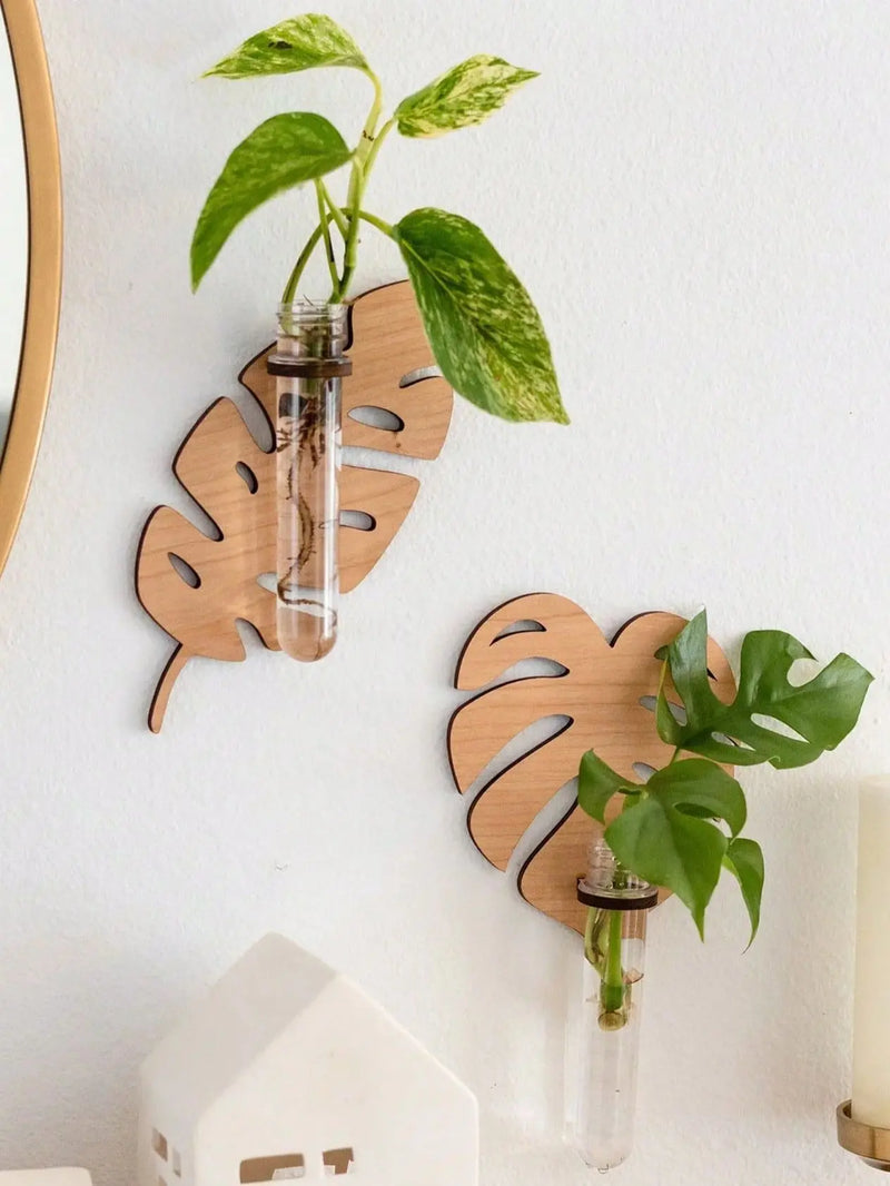 Blattglas Wandvasen in Blattform mit Reagenzglas | 1/2 Stück Holz-Wanddeko für Pflanzen & Ableger | Handgefertigte Pflanzenhalter für Wohnzimmer, Flur & Büro