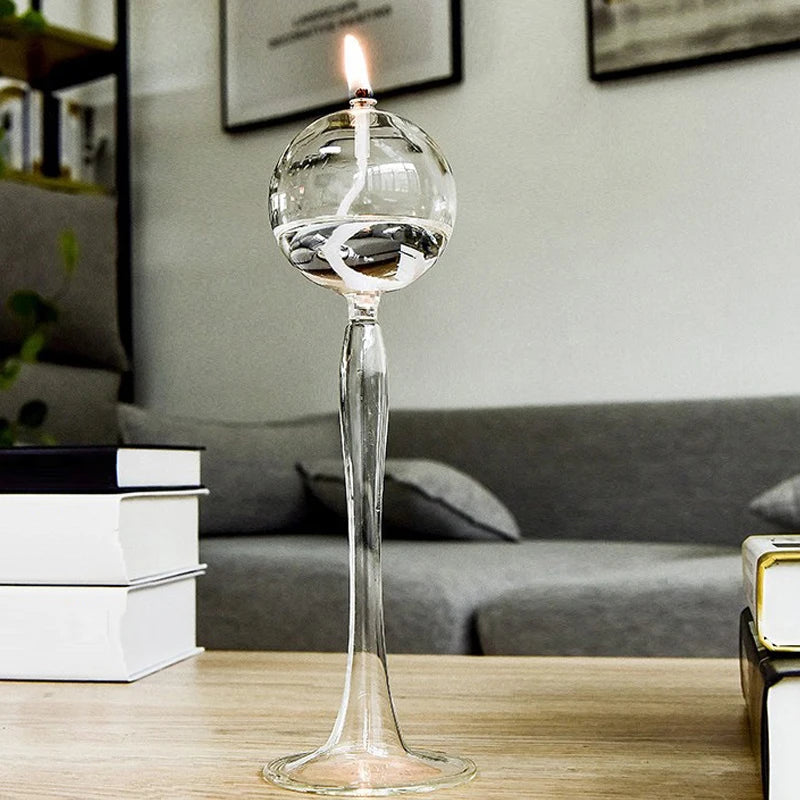 VetroLuce Öllampe | Kugelform mit hohem Fuß | Borosilikatglas Transparent | 21–25,5 cm