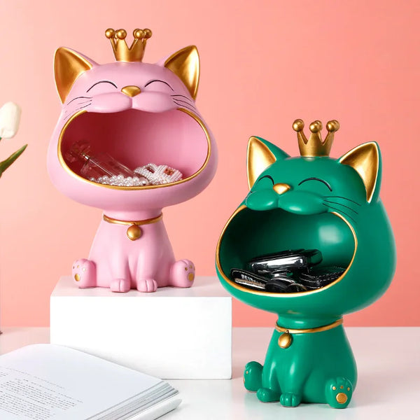Dekofigur Nekomo CatCatch | Moderne Lucky-Cat Figur mit Aufbewahrungsschale | 18,5×16,5×27 cm | Wohnaccessoire & Geschenkidee