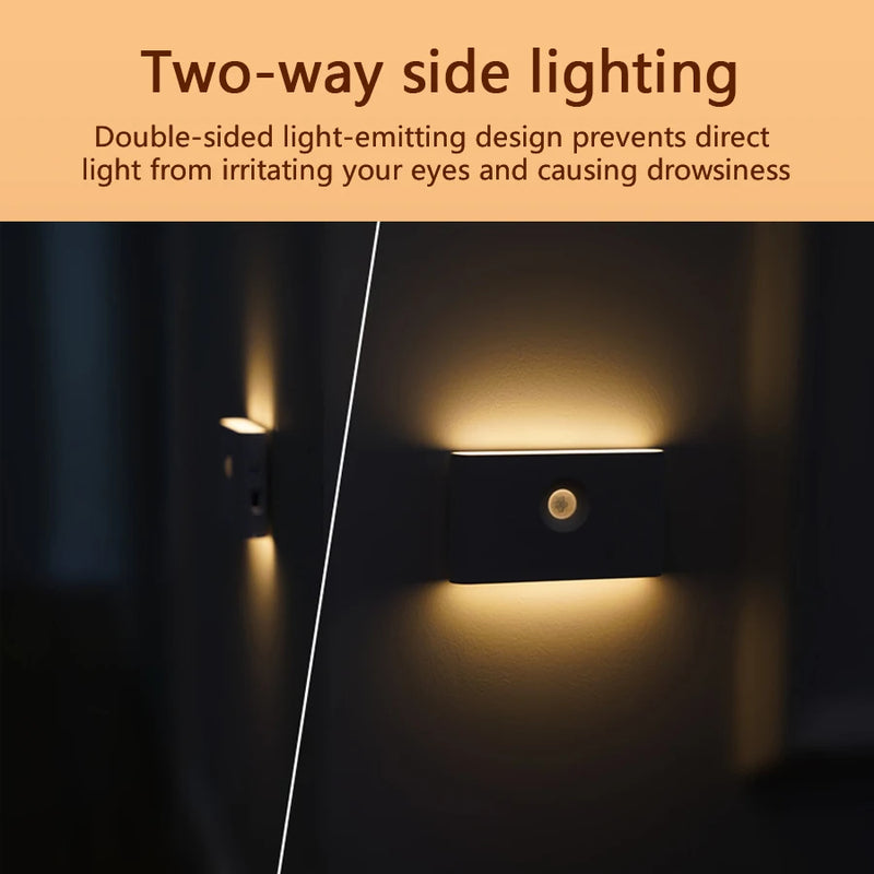 LED Nachtlicht LumoSense | Wiederaufladbares Bewegungsmelder-Licht | Beidseitige Ausleuchtung für Schlafzimmer, Flur & Schrank