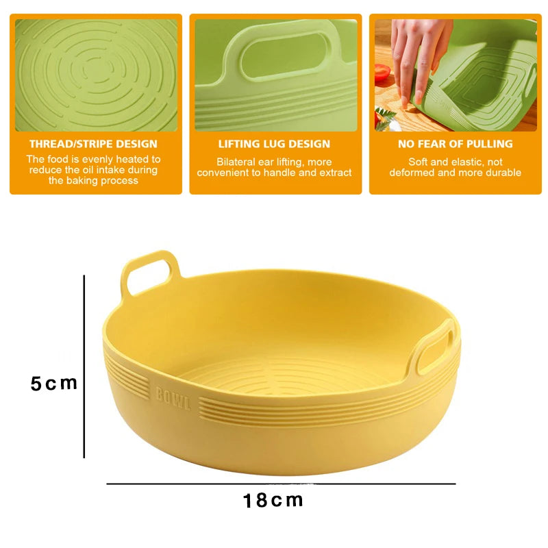 Crispura Silikonkorb | Silikon Einsatz für Heißluftfritteuse | Rund & Wiederverwendbar | Antihaft & Hitzebeständig | Grün/Gelb