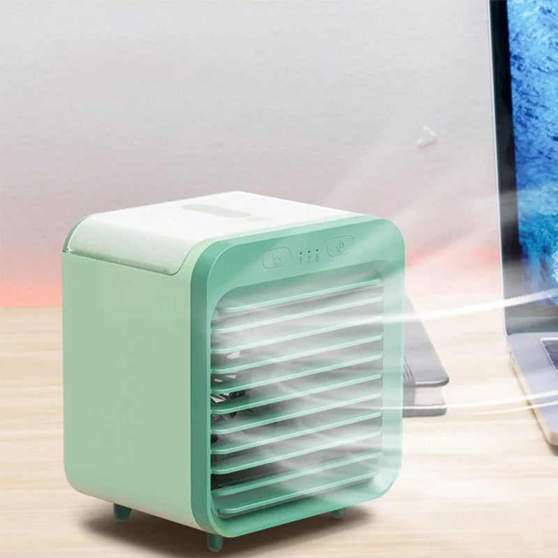 Coolivio Mini AirCooler | Tragbarer 3-in-1 USB-Ventilator mit Luftbefeuchtung & Kühlfunktion | 3 Stufen | 2500 mAh Akku | Für Büro, Reise & Zuhause