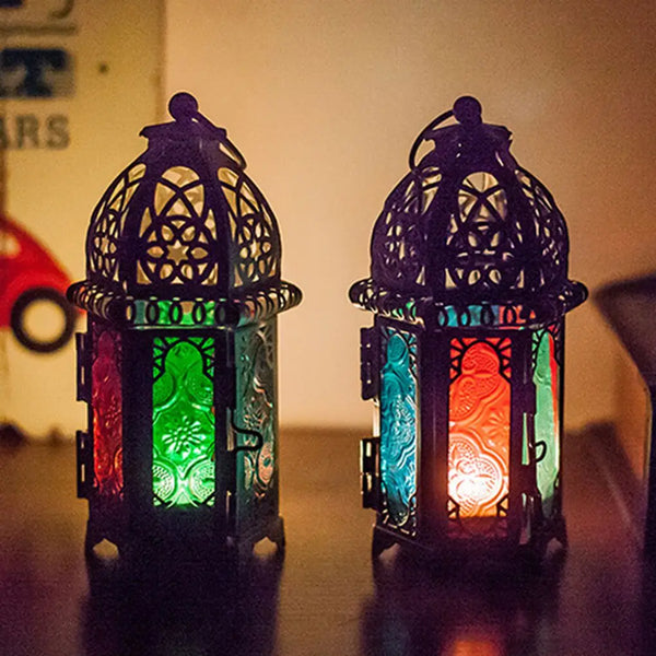 Marrakesh Glow | Marokkanischer Glas-Kerzenhalter | Handgefertigtes Eisen & Kristallglas | Orientalische Hängelaterne