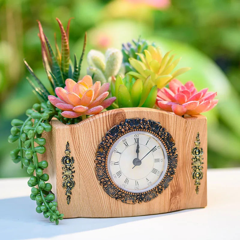 TimeBloom | Vintage Tischuhr mit Blumentopf | Kreatives Deko-Element aus Harz | Antik-Stil für Wohnzimmer