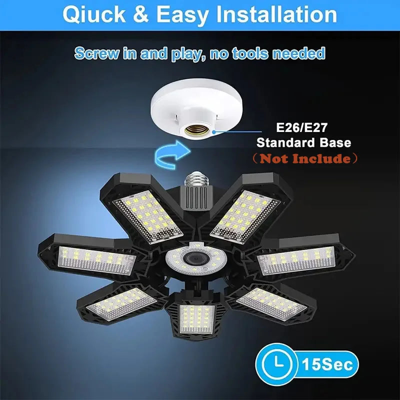 LUMIFLEX LED Garagenlampe | Faltbare Deckenleuchte mit 3–12 verstellbaren Panels | E27-Sockel | 6500K Tageslicht – Für Werkstatt, Lager & Garage