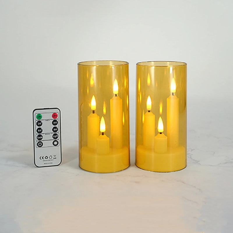 LumièreTrio LED-Stumpenkerze mit 3 Dochten | 7,5 × 15 cm | Fernbedienung & Timer | Flackerndes Warmlicht | Acryl-Design