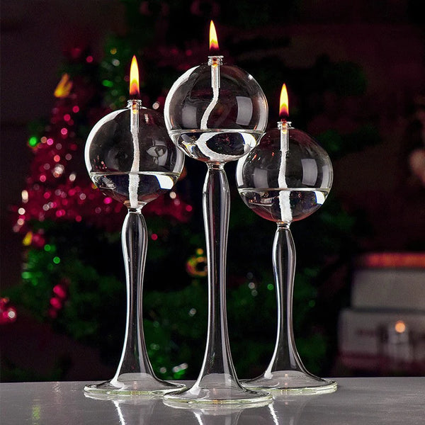 VetroLuce Öllampe | Kugelform mit hohem Fuß | Borosilikatglas Transparent | 21–25,5 cm