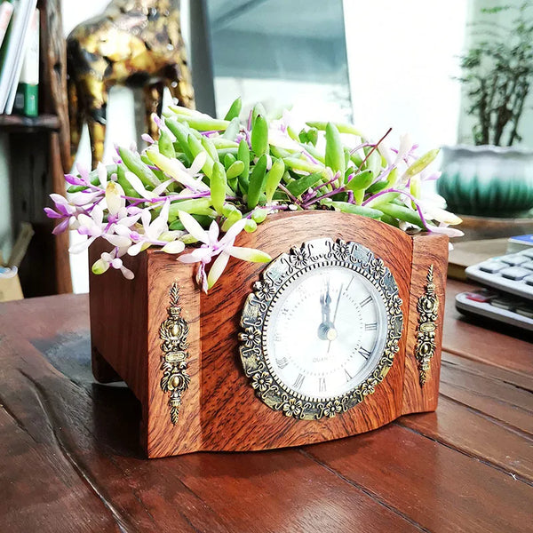 TimeBloom | Vintage Tischuhr mit Blumentopf | Kreatives Deko-Element aus Harz | Antik-Stil für Wohnzimmer