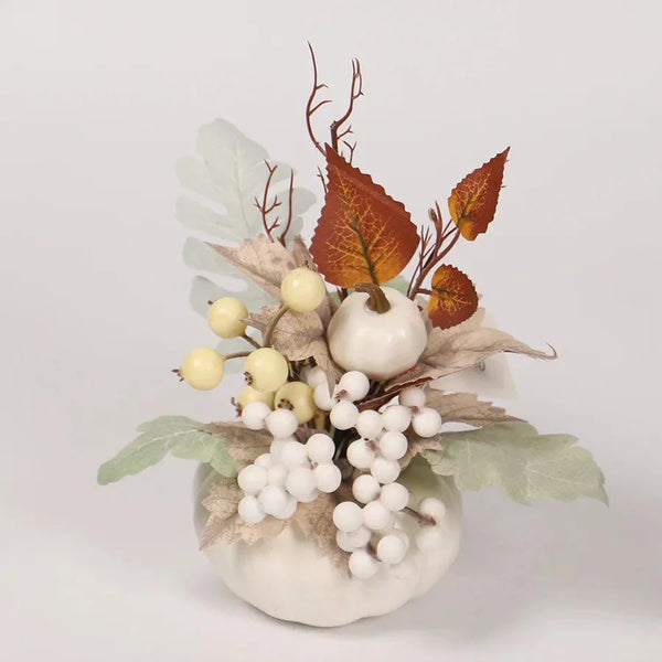Herbst Deko Kürbis | Mit Kunstblumen & Ahornblättern | Festliche Tischdekoration