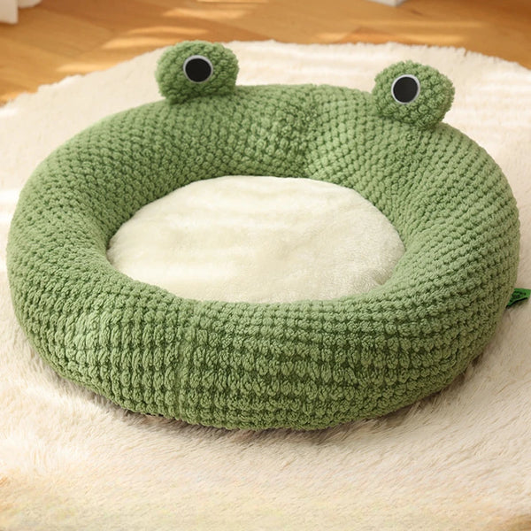 Haustierhöhle FroggiHome | Kuscheliges Frosch-Design | Halbgeschlossen & Rund | 40–50 cm | Für Katzen & kleine Hunde