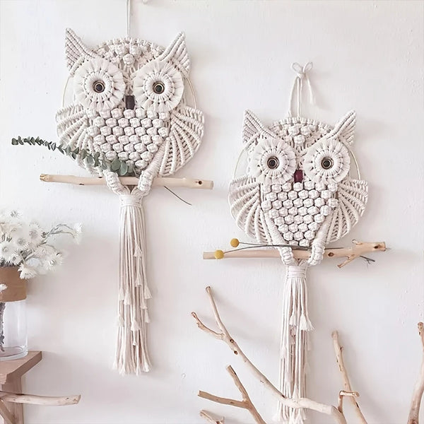 Makramee Eulen-Wandbehang WisdomOwl | Handgefertigt aus Baumwollseil | Boho Deko | 15×45 cm / 30×80 cm
