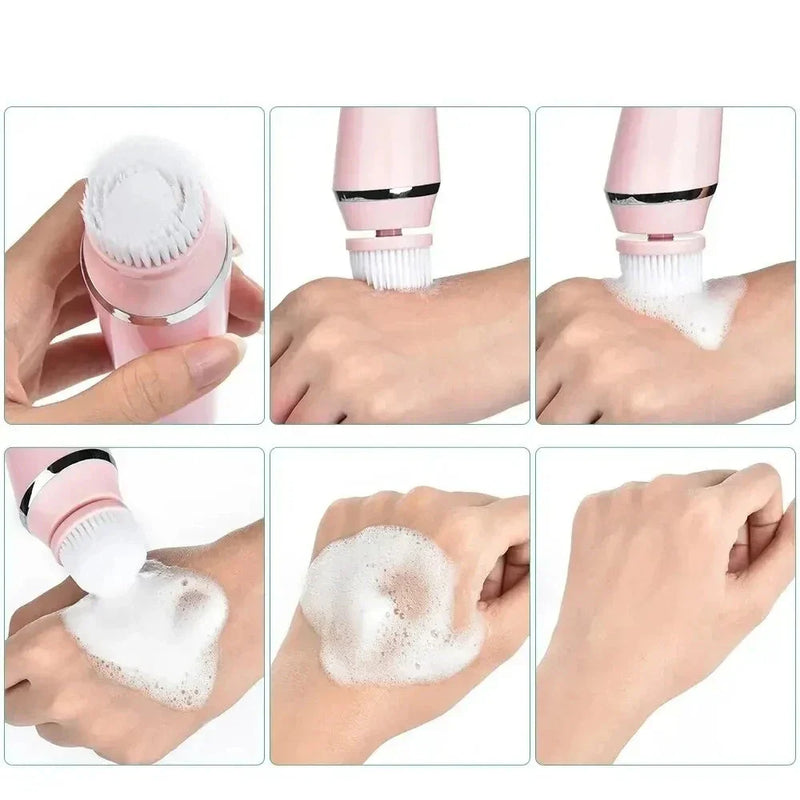 PureVibe 4-in-1 Gesichtsreinigungsbürste | Sonic-Technologie & Massage | Wasserdicht IPX6 | Wiederaufladbar & inkl. 4 Bürstenaufsätzen