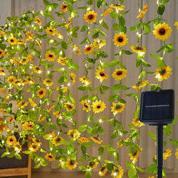 Solar-Lichterkette SoliBlossom | Sonnenblumen-Dekor mit Blättern | Warmweiß | 8 Modi | Für Garten, Zaun & Hochzeit