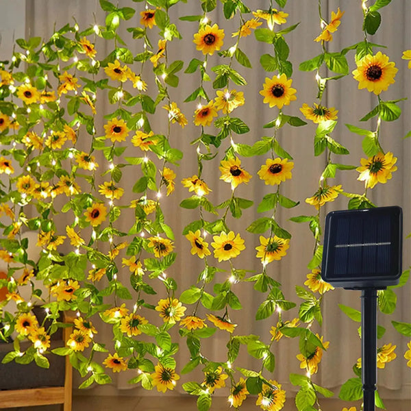 Solar-Lichterkette SoliBlossom | Sonnenblumen-Dekor mit Blättern | Warmweiß | 8 Modi | Für Garten, Zaun & Hochzeit