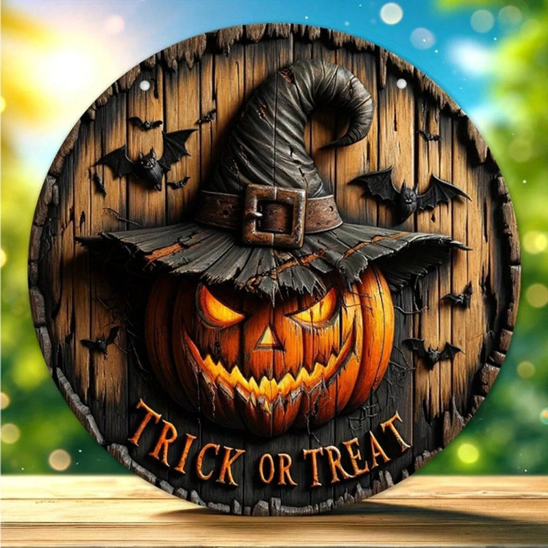PumpkinHollow Retro Halloween Holzkranz mit Kürbiskopf | Retro-Design | Handgefertigte Hängedeko für Haus & Garten