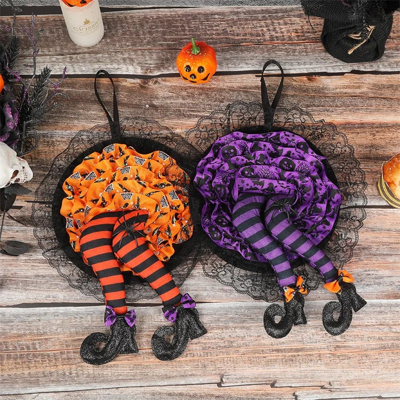 HexaDoor | Halloween Türkranz | Hexenhut & Beine | Lila-Orange | Partydeko